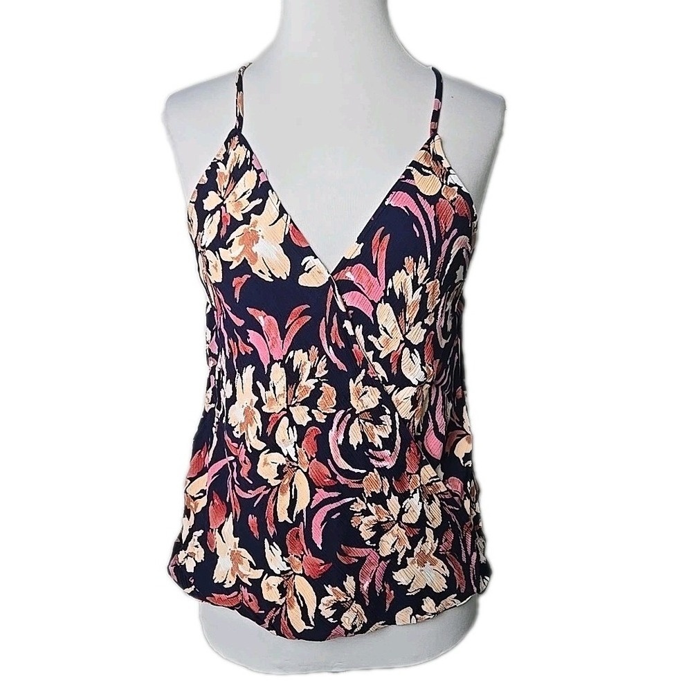 Market & Spruce Floral Crinkle Gauzy Spaghetti Strap Tank Top Faux Wrap Small S